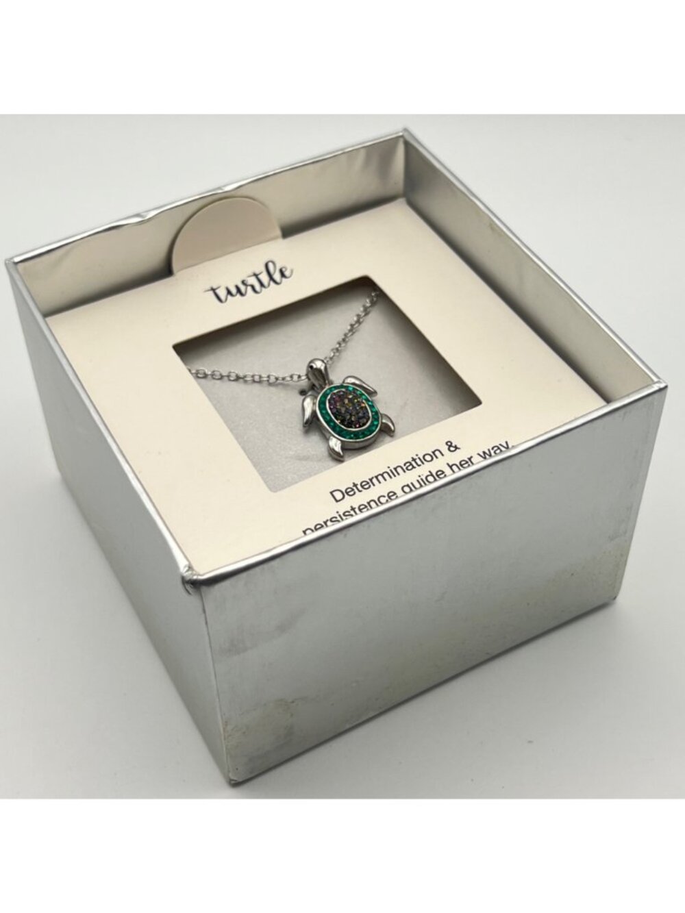 NOS Turtle Pendant Necklace Green Multicolor Crystals Silver-Tone 18" Chain Gift - Picture 2 of 9